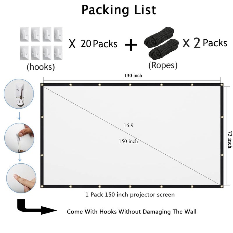 Mdbebbron 150 inch Projection Screen 16:9 Foldable Anti-Crease Portable Projector Movies Screen for Office Home Theater Indoor Outdoor Support Double Sided Projection - Image 4